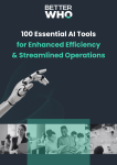 The cover of the guide '100 Essential AI Tools for Property Management', featuring a robotic arm and 3 pictures at the bottom.